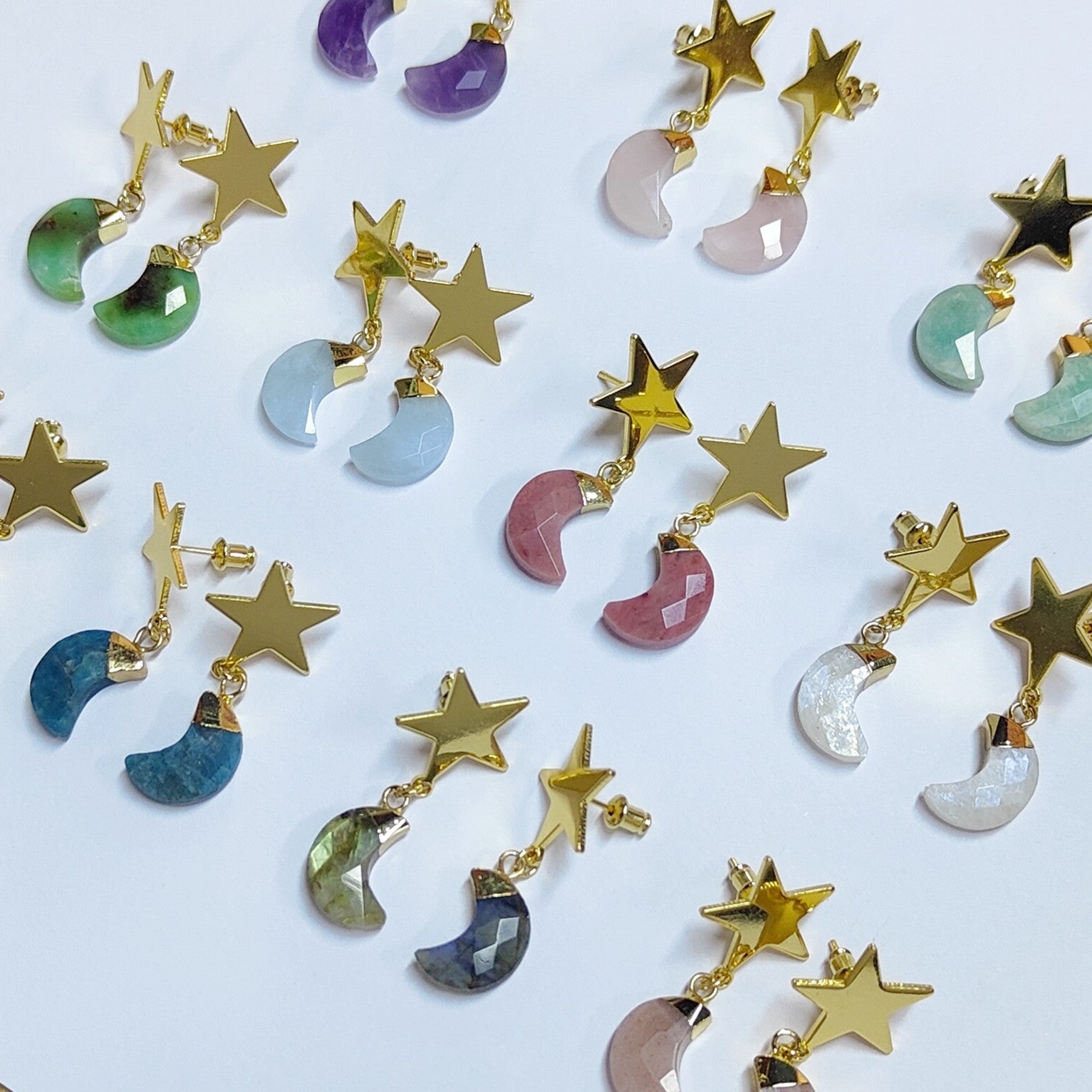 Gold Star Gemstone Moon Earrings, Faceted Healing Crystal Stone Crescent Moon Earrings, Wholesale Jewelry AL571