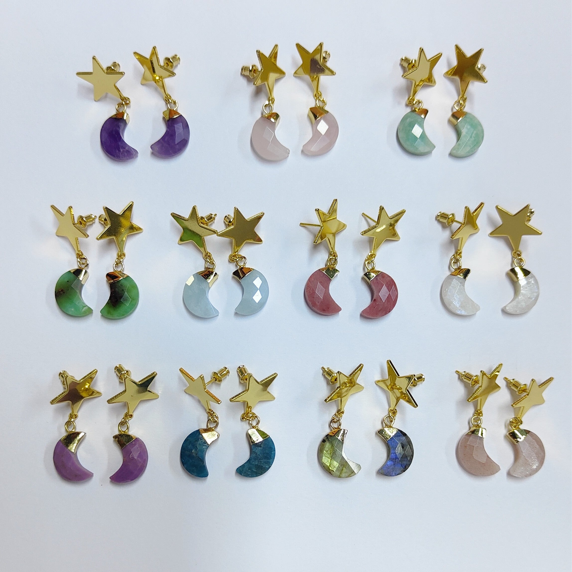 Gold Star Gemstone Moon Earrings, Faceted Healing Crystal Stone Crescent Moon Earrings, Wholesale Jewelry AL571