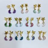 Multi Gemstone Faceted Moon Gold Star Dangle Earrings, Crystal Birthstone Crescent Moon Jewelry Earrings AL571