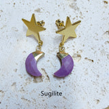 Multi Gemstone Faceted Moon Gold Star Dangle Earrings, Crystal Birthstone Crescent Moon Jewelry Earrings AL571