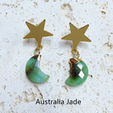 Multi Gemstone Faceted Moon Gold Star Dangle Earrings, Crystal Birthstone Crescent Moon Jewelry Earrings AL571