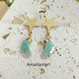 Multi Gemstone Faceted Moon Gold Star Dangle Earrings, Crystal Birthstone Crescent Moon Jewelry Earrings AL571
