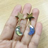 Multi Gemstone Faceted Moon Gold Star Dangle Earrings, Crystal Birthstone Crescent Moon Jewelry Earrings AL571