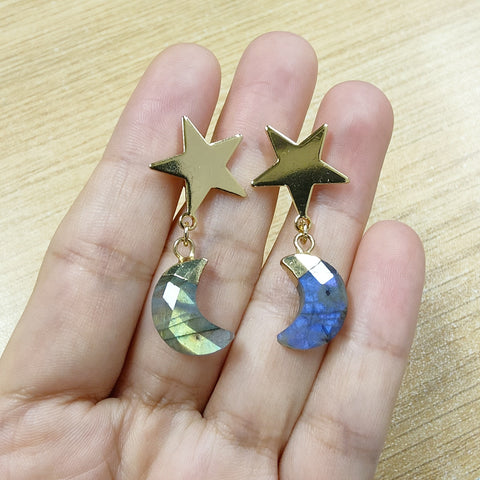 Multi Gemstone Faceted Moon Gold Star Dangle Earrings, Crystal Birthstone Crescent Moon Jewelry Earrings AL571