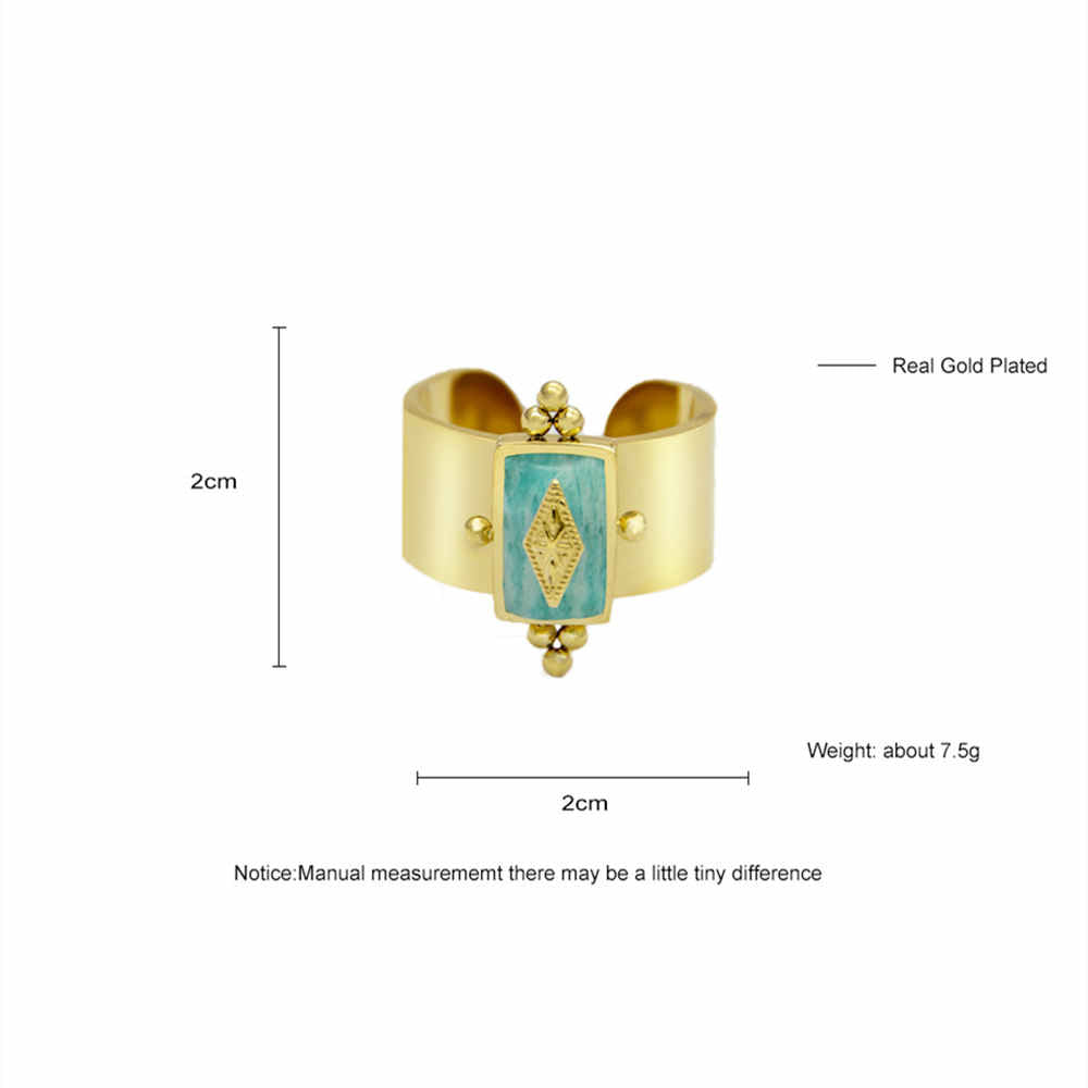 Natural Amazonite White Quartz Gold Titanium Steel Cuff Ring AL389