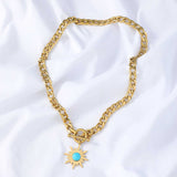 18" Gold Stainless Steel Chain Turquoise Sunflower Necklace AL418