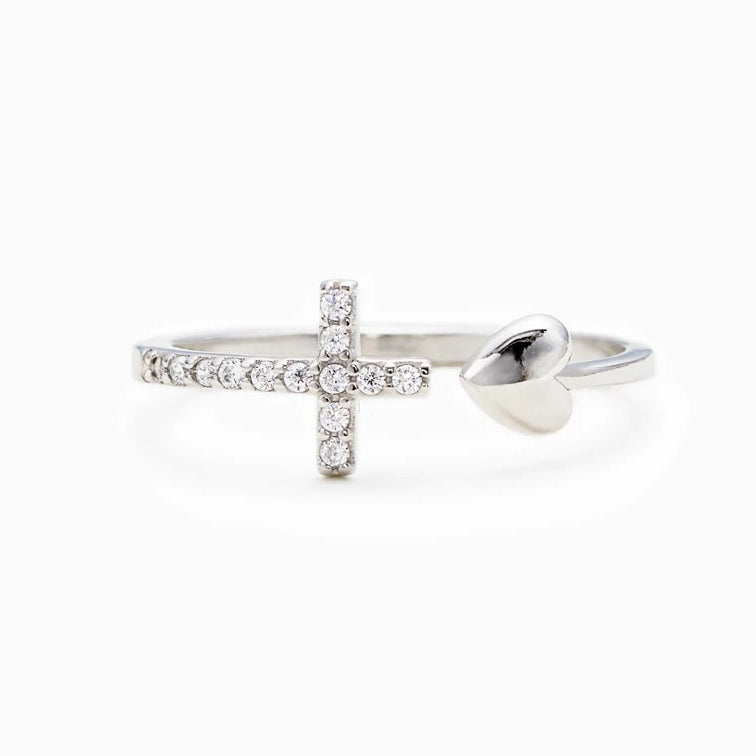 925 Sterling Silver Pray Through It Cross & Heart Adjustable Ring, CZ Micro Pave Silver Open Ring AL493