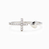 925 Sterling Silver Pray Through It Cross & Heart Adjustable Ring, CZ Micro Pave Silver Open Ring AL493