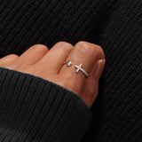 925 Sterling Silver Pray Through It Cross & Heart Adjustable Ring, CZ Micro Pave Silver Open Ring AL493