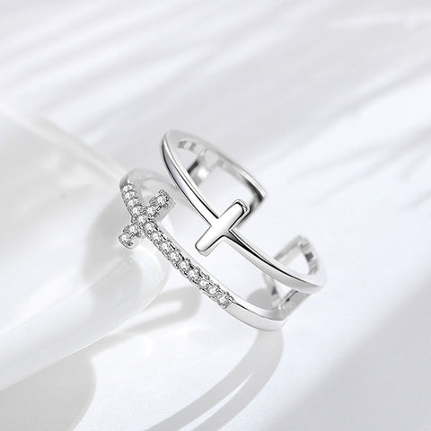 CZ Double Cross Ring, Gold Plated Brass/S925 Sterling Silver Open Ring, Micro Pave Jewelry Ring AL454