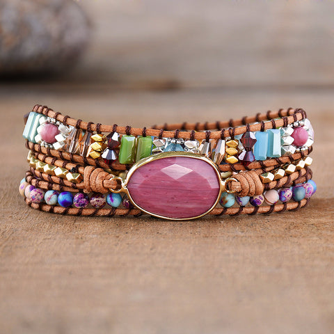Gold Faceted Rhodonite 4mm Natural Stone Beads Layers Leather Wrap Bracelet, Handmade Boho Jewelry HD0273