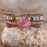 Gold Faceted Rhodonite 4mm Natural Stone Beads Layers Leather Wrap Bracelet, Handmade Boho Jewelry HD0273