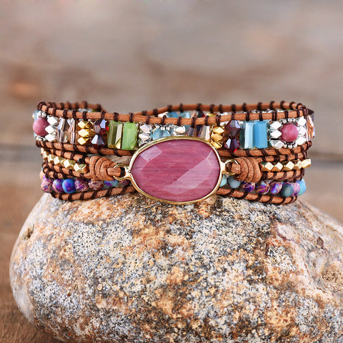Gold Faceted Rhodonite 4mm Natural Stone Beads Layers Leather Wrap Bracelet, Handmade Boho Jewelry HD0273