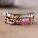 Gold Faceted Rhodonite 4mm Natural Stone Beads Layers Leather Wrap Bracelet, Handmade Boho Jewelry HD0273