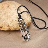 Wrap Natural Obsidian/Rose Quartz/White Quartz/Fluorite Terminated Hexagon Point Pendant Necklace, Healing Crystal Stone Necklace Jewelry HUS036