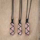 Wrap Natural Obsidian/Rose Quartz/White Quartz/Fluorite Terminated Hexagon Point Pendant Necklace, Healing Crystal Stone Necklace Jewelry HUS036