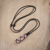Wrap Natural Obsidian/Rose Quartz/White Quartz/Fluorite Terminated Hexagon Point Pendant Necklace, Healing Crystal Stone Necklace Jewelry HUS036