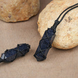 Wrap Natural Obsidian/Rose Quartz/White Quartz/Fluorite Terminated Hexagon Point Pendant Necklace, Healing Crystal Stone Necklace Jewelry HUS036