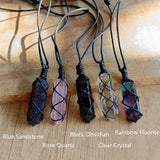 Wrap Natural Obsidian/Rose Quartz/White Quartz/Fluorite Terminated Hexagon Point Pendant Necklace, Healing Crystal Stone Necklace Jewelry HUS036
