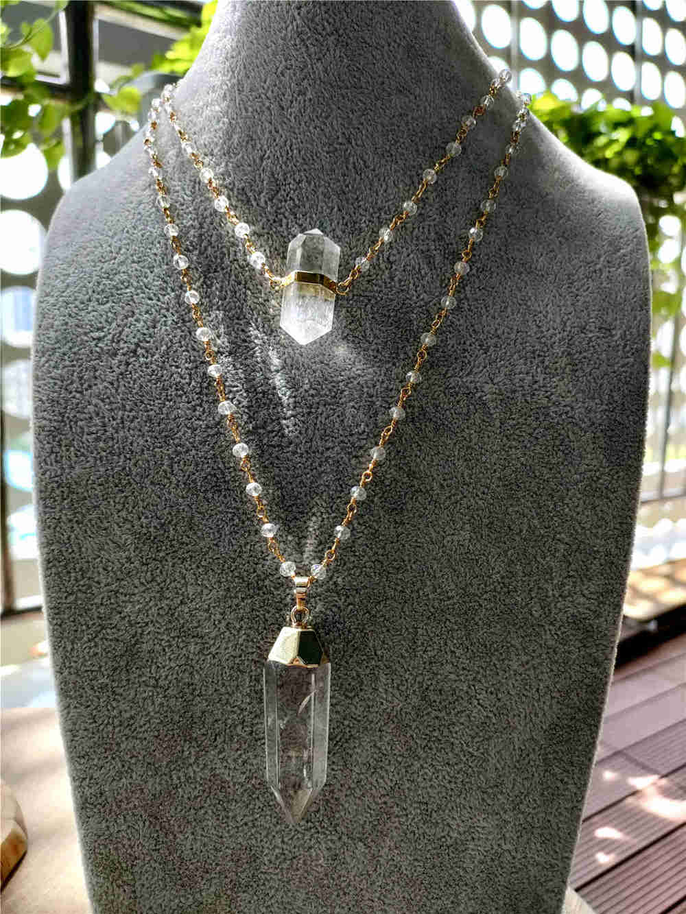 Natural White Quartz Pendant Bead Chain Necklace