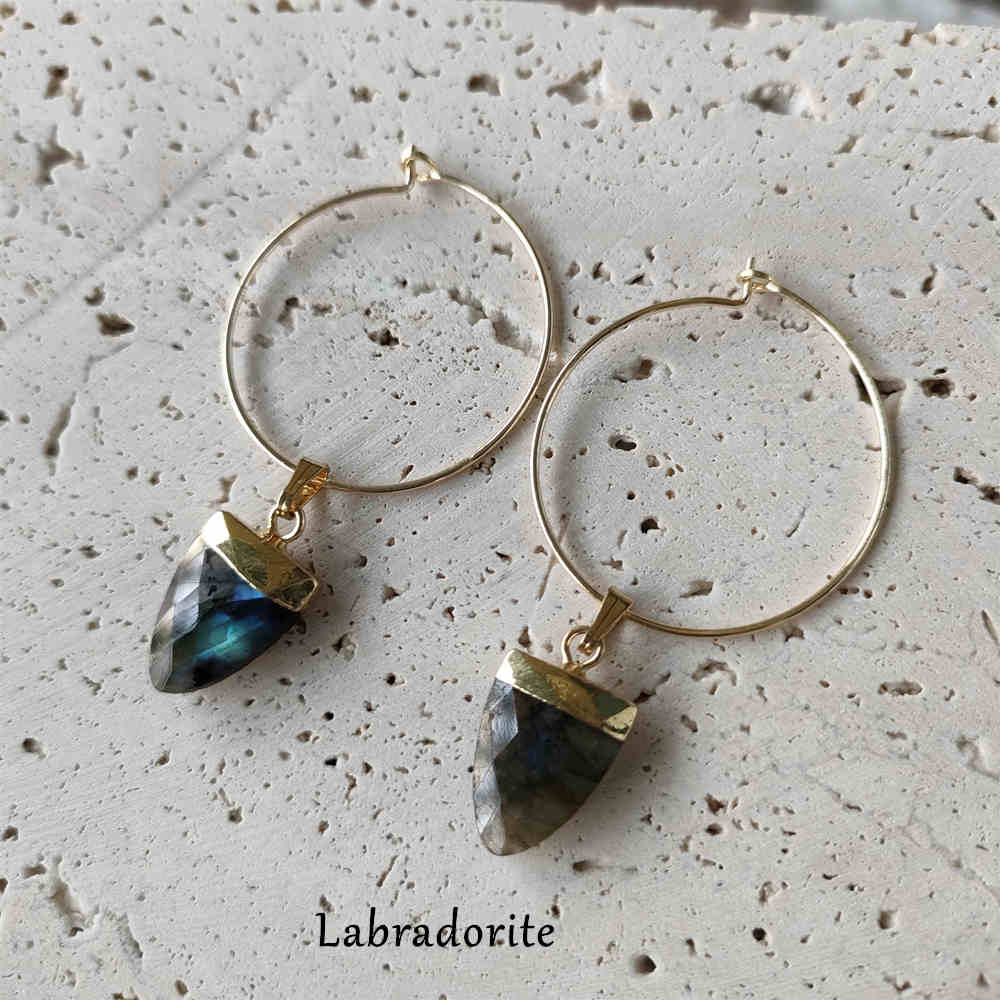 Shield Gemstone Hoop Earrings, Amethyst Labradorite Turquoise Gold Earrings, Boho Jewelry AL190
