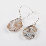 Silver Plated Raw Agate Druzy Geode Slice Dangle Earrings, Gemstone Jewelry S0516