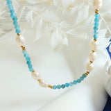 Blue Crystal Natural Stone Fresh Water Pearl Beads Necklace, Titanium Steel, Boho Jewelry AL694