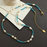 Blue Crystal Natural Stone Fresh Water Pearl Beads Necklace, Titanium Steel, Boho Jewelry AL694