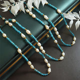 Blue Crystal Natural Stone Fresh Water Pearl Beads Necklace, Titanium Steel, Boho Jewelry AL694