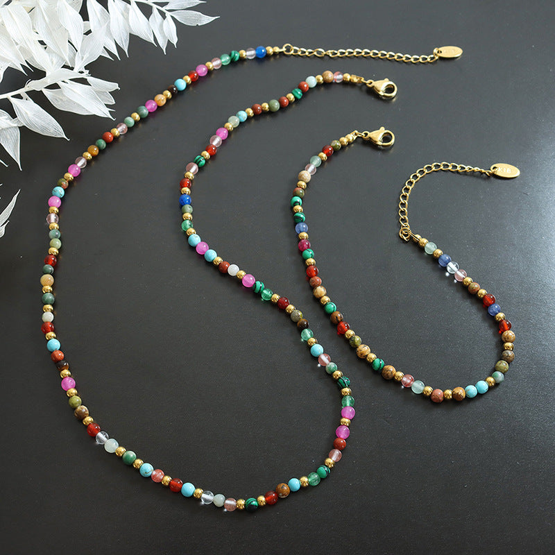 Bohemian Rainbow Natural Stones Titanium Steel Beaded Bracelet/Necklace, Boho Summer Jewelry AL695