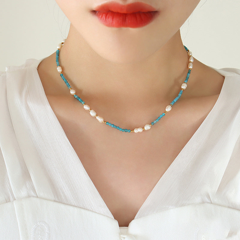 Bohemian Blue Apatite Fresh Water Pearl Beads Necklace, Titanium Steel, Boho Jewelry AL694