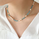 Blue Crystal Natural Stone Fresh Water Pearl Beads Necklace, Titanium Steel, Boho Jewelry AL694