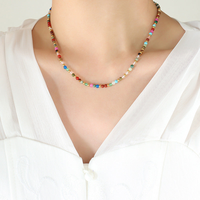 Bohemian Rainbow Natural Stones Titanium Steel Beaded Bracelet/Necklace, Boho Summer Jewelry AL695