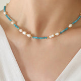 Blue Crystal Natural Stone Fresh Water Pearl Beads Necklace, Titanium Steel, Boho Jewelry AL694