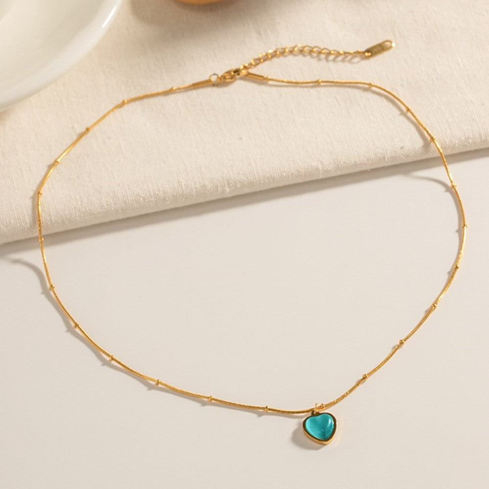 Blue Cat's Eye Stone Square/Oval/Heart Pendant Necklace, 18K Gold Titanium Steel, Summer Jewelry AL685