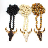 35" Bohemian Gold Plated Gemstone Mala Beads & Longhorn Necklace, Bull Head Necklace, Handmade Boho Jewelry AL728