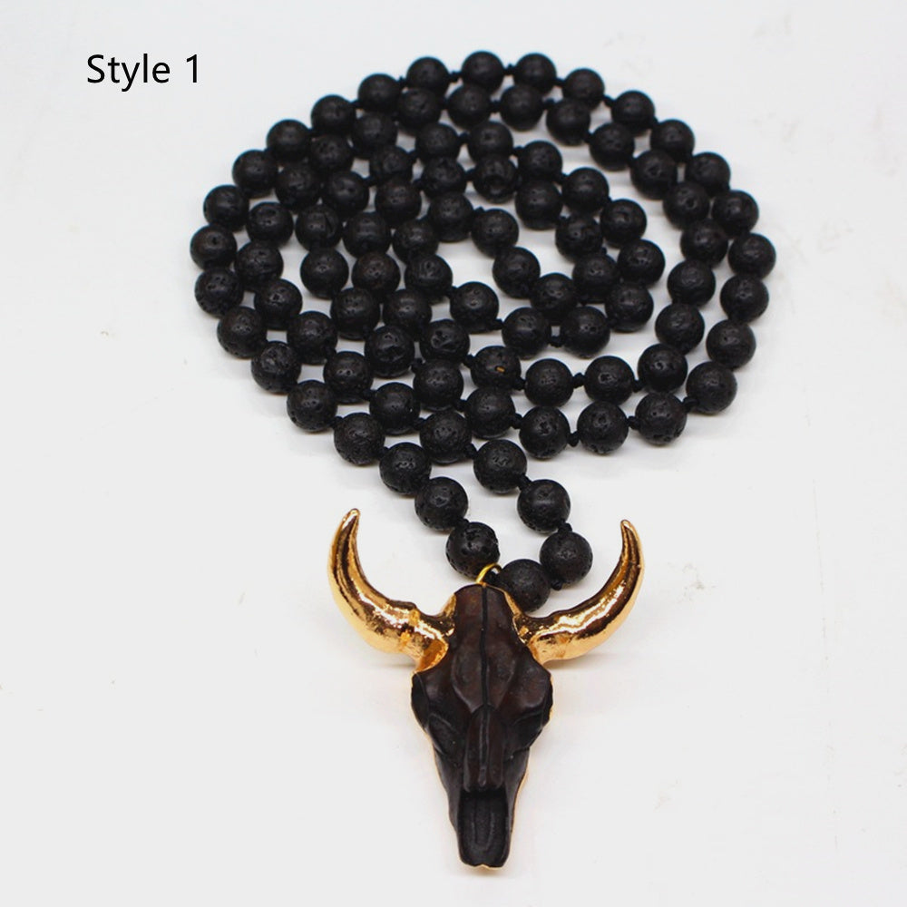 35" Ox Head Natural Lava Stone Mala Beaded Long Necklace, Longhorn Bull Head Necklace, Boho Jewelry AL728