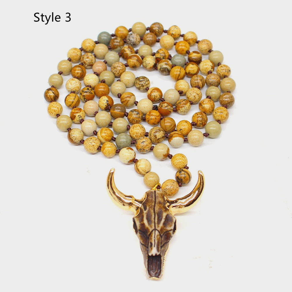 picture stone Mala necklace, 35" Ox Head Natural Lava Stone Beaded Long Necklace, Longhorn Bull Head Necklace, Boho Jewelry AL728