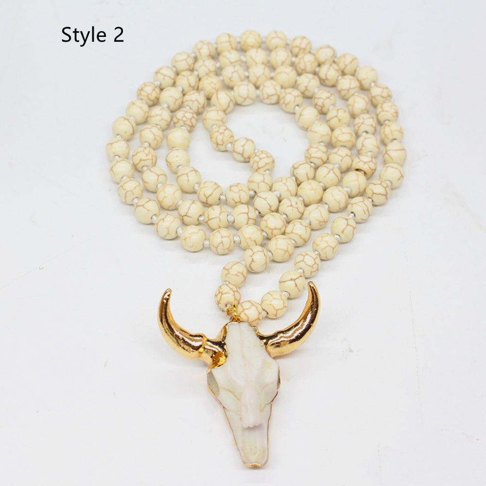 white howlite Mala necklace, 35" Ox Head Natural Lava Stone Beaded Long Necklace, Longhorn Bull Head Necklace, Boho Jewelry AL728