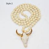 35" Bohemian Gold Plated Gemstone Mala Beads & Longhorn Necklace, Bull Head Necklace, Handmade Boho Jewelry AL728