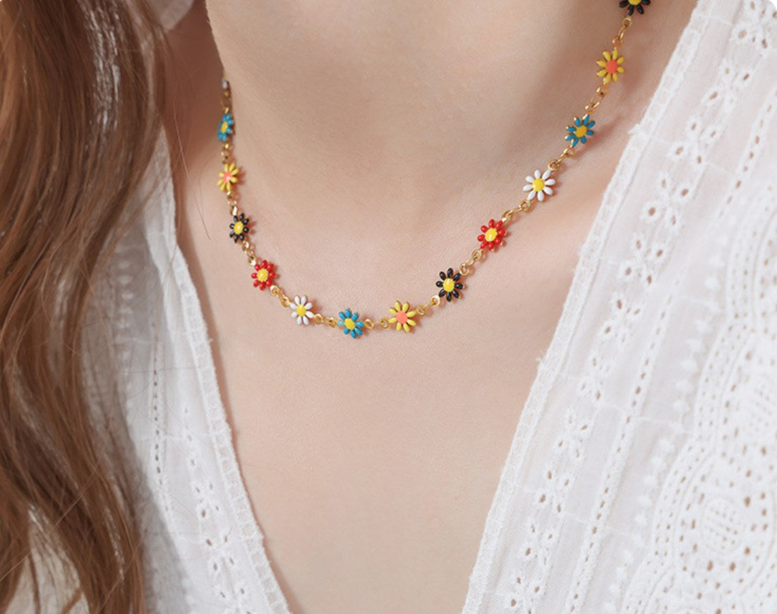Rainbow Daisy Flower Bracelet/Necklace, Oil Drip, 18k Gold Titanium Steel, Summer Jewelry AL687