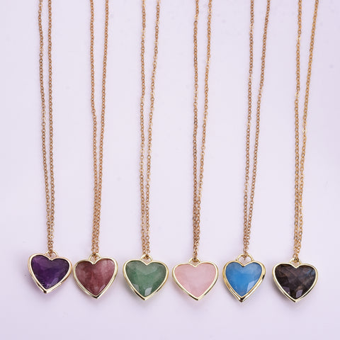 16" Gold Plated Gemstone Heart Pendant Necklace, Faceted Crystal Stone, Minimalist Jewelr WX2179-N
