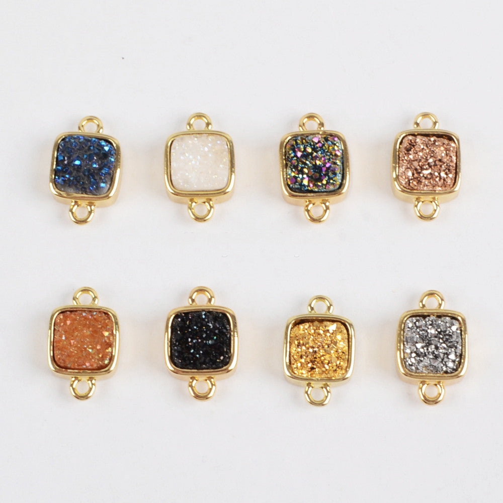 Gold Plated Bezel Square Natural Titanium Druzy Connector, For Jewelry Making ZG0140