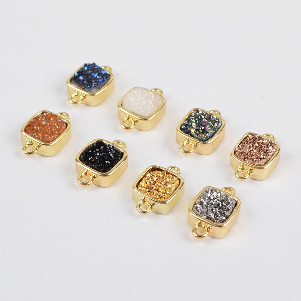 Gold Plated Bezel Square Natural Titanium Druzy Connector, For Jewelry Making ZG0140