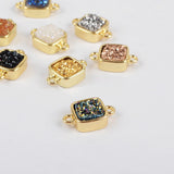 Gold Plated Bezel Square Natural Titanium Druzy Connector, For Jewelry Making ZG0140