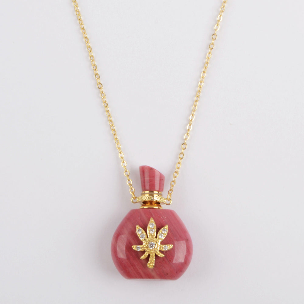 Natural Gemstone Quartz Perfume Essence Oil Bottle 18K Gold Necklace, Healing Jewelry G1943-N
