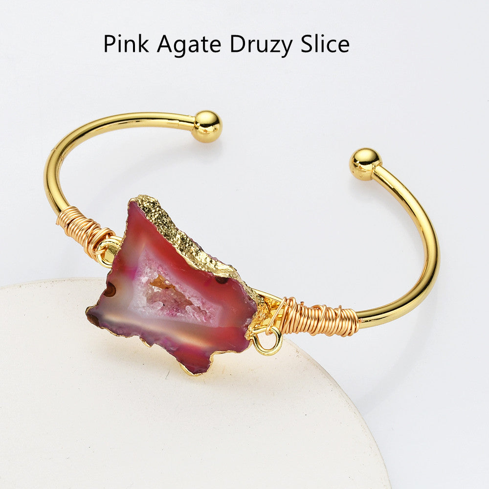 Gold Multi Gemstone Bracelet, Solar Quartz, Agate Druzy Slice Bangle Cuff, Handmade Boho Jewlery WX2237