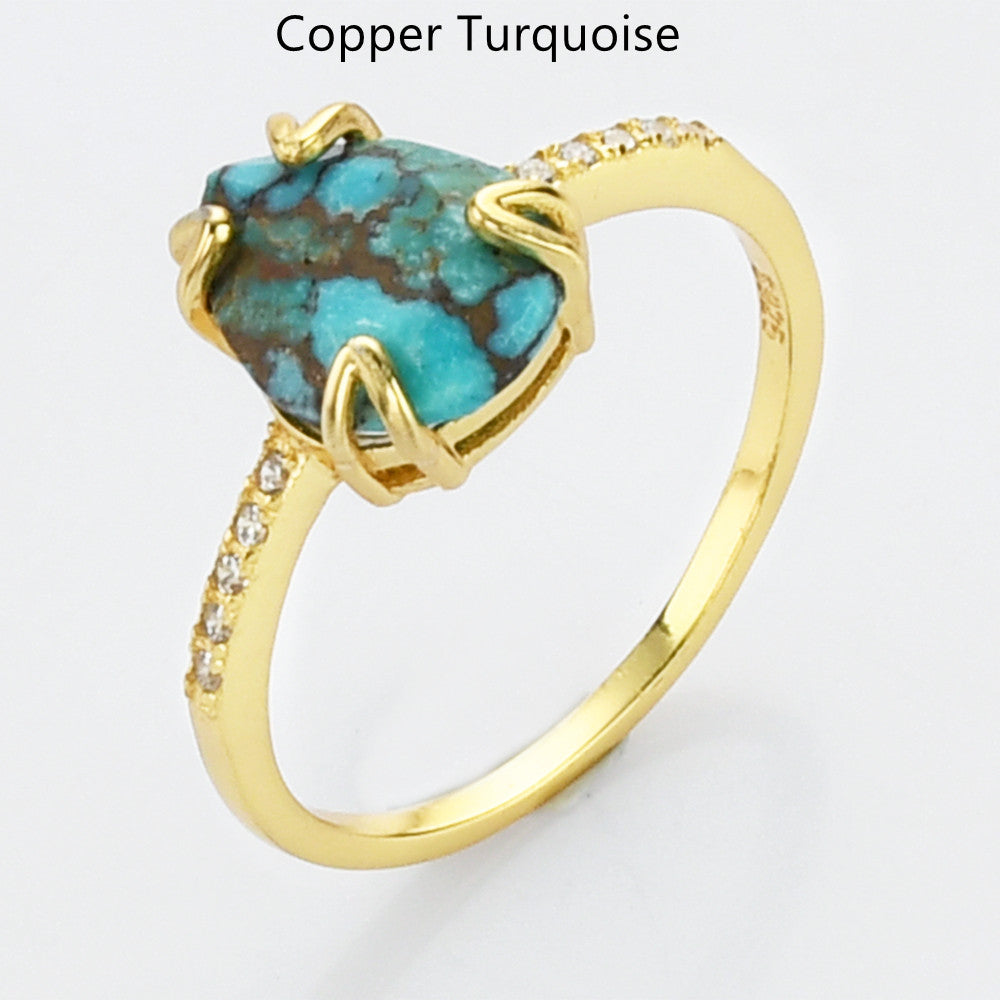 Copper Turquoise Ring, Teardrop Gold Multi Gemstone CZ Ring, Faceted Birthstone Ring, Healing Crystal Stone Ring, Simple Fashion Jewelry For Women SS257