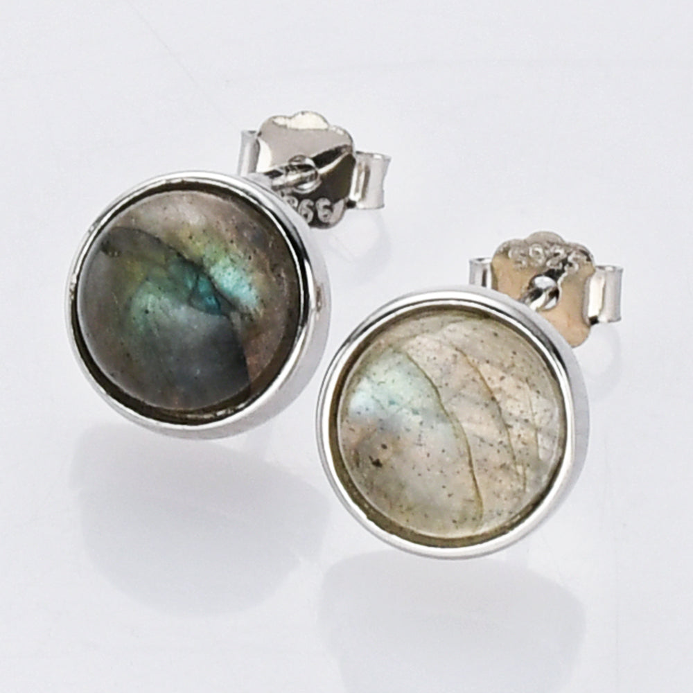silver labradorite stud earrings, round gemstone post earrings, birthstone earrings, healing stone earrings, boho jewelry