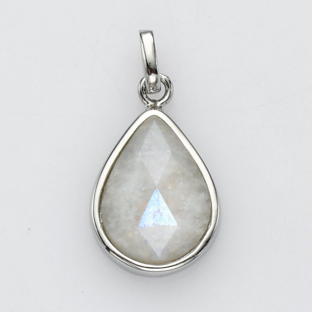 Teardrop Silver Plated Gemstone Pendant, Pear Faceted Crystal Stone Charm, Making Jewelry Craft ZS0508 moonstone jewelry